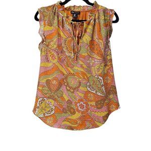 Jones New York Sleeveless Ruffle V Neck Retro Floral Colorful Tank Top